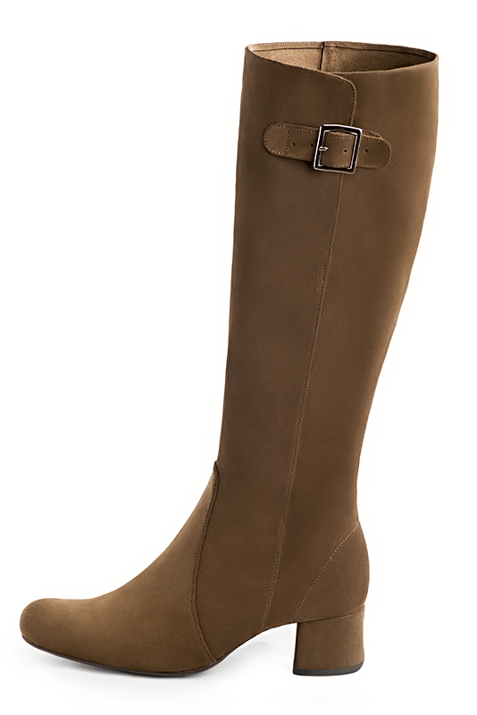 Chocolate brown women's knee-high boots with buckles. Round toe. Low flare heels. Made to measure. Profile view - Florence KOOIJMAN